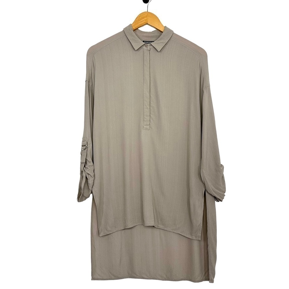 Warehouse Womens Tunic Top Sz US 8 Taupe 3/4 Sleeve High Lo Hem Popover Collared